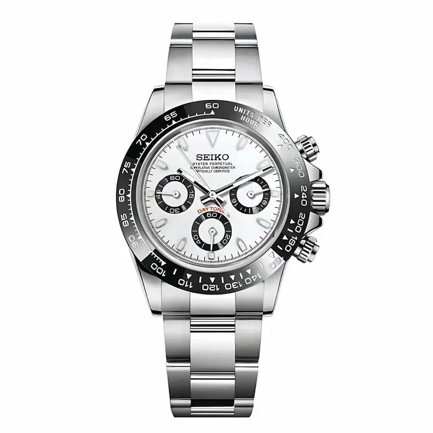 Seiko watch with silver bracelet and white face on a white background seiko mod