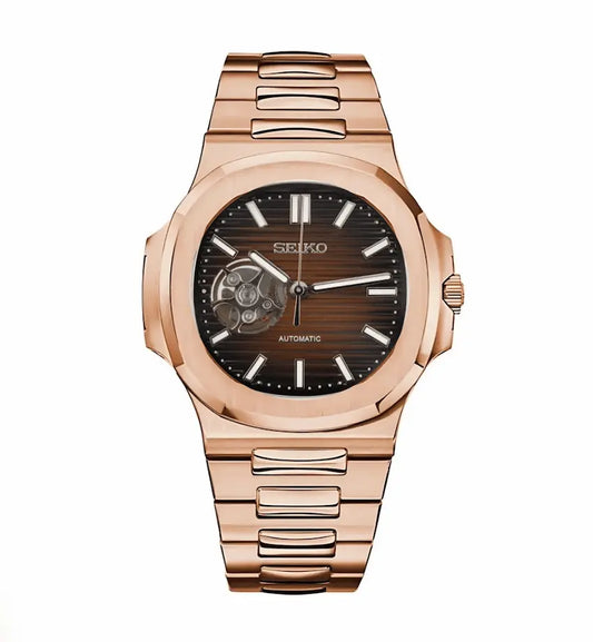 Rose gold Seiko watch with a black face on a white background