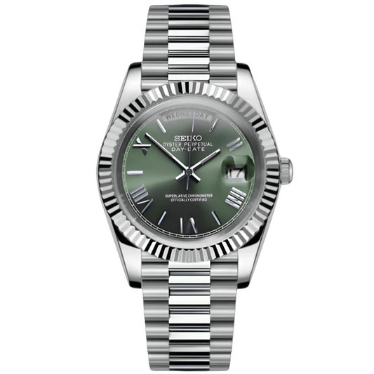 Silver Seiko mod day date watch with a mint green face on a white background