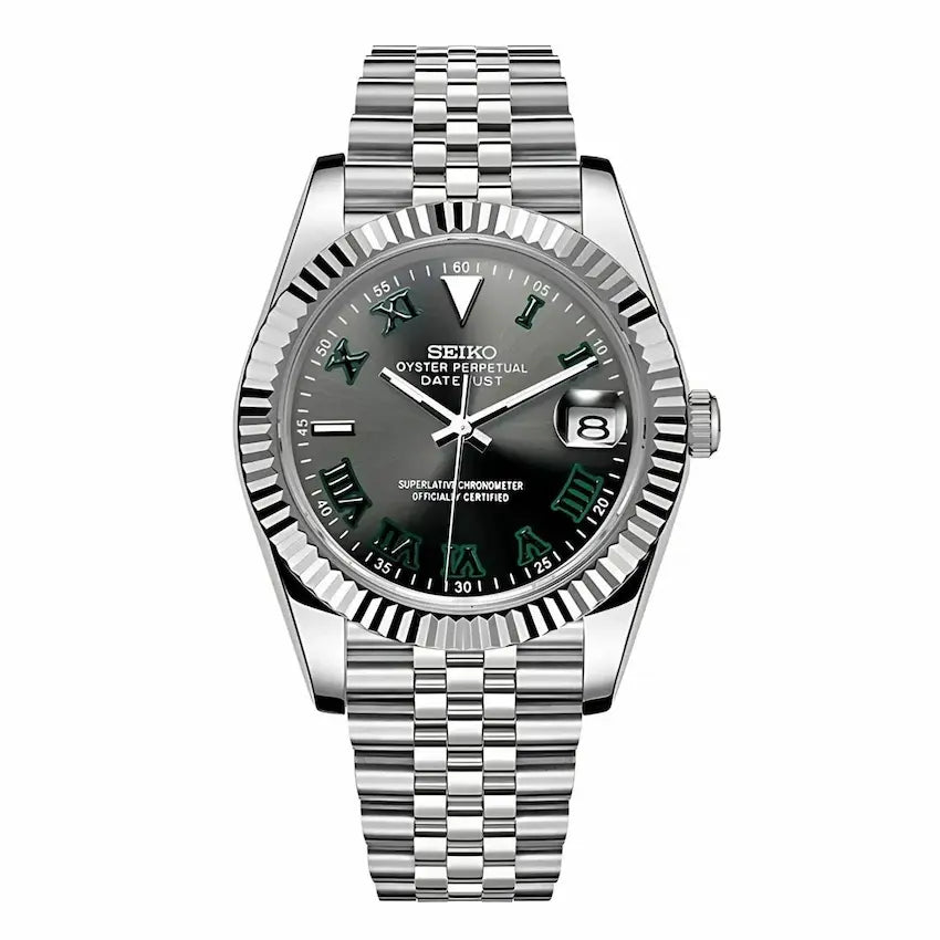 Seiko mod watch with silver metal bracelet on a white background seiko mod labs