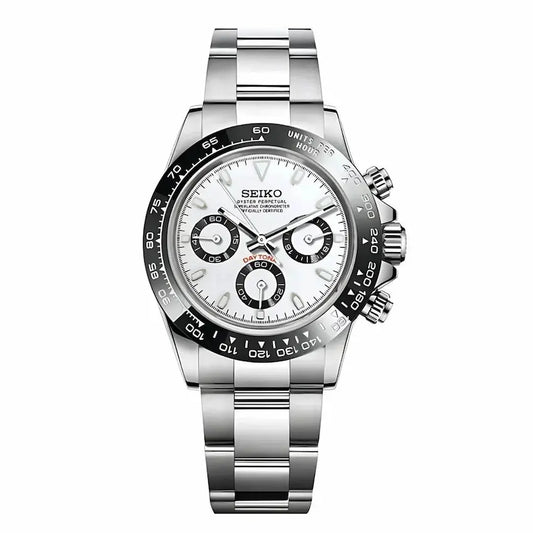 Seiko watch with silver bracelet and white face on a white background seiko mod