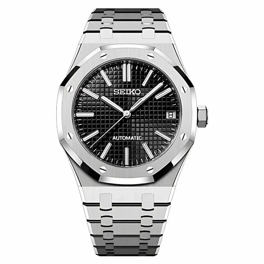 Seiko watch with black dial and silver metal bracelet on a white background seiko mod