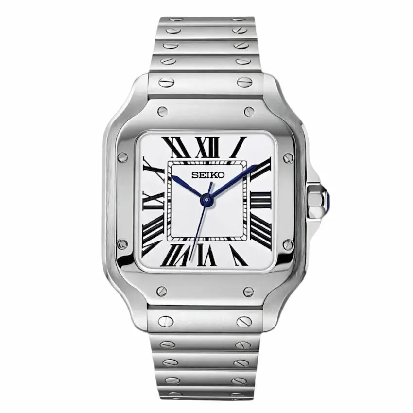 Silver Seiko watch with a white face and blue hands on a white background seiko mod