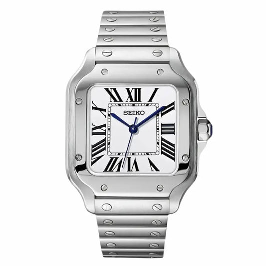 Silver Seiko watch with a white face and blue hands on a white background seiko mod