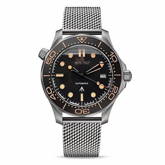 Seiko watch with black dial and silver mesh band on a white background