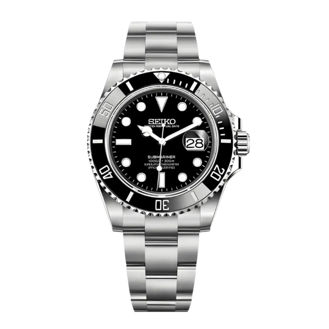Seiko watch with black face and silver metal strap on a white background seiko mod