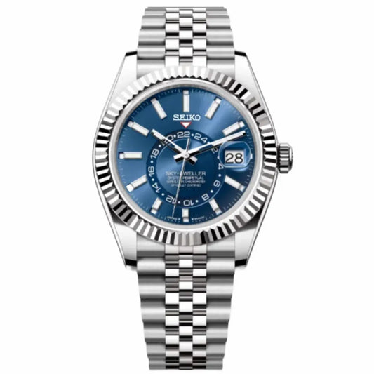 Seiko watch with blue dial and silver metal bracelet on a white background