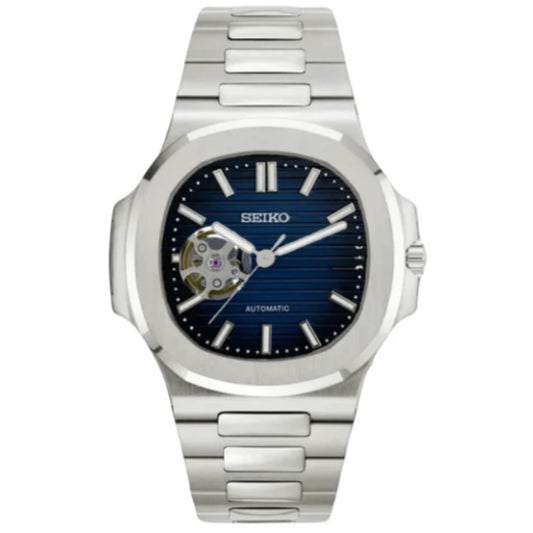Silver Seiko mod watch with blue dial on a white background nautilus Seiko mod