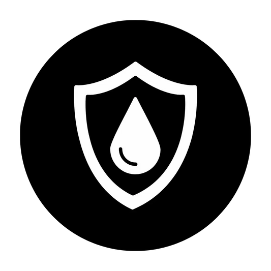 White shield icon with a droplet inside a black circle on a white background seiko mod water resistance upgrade symbol
